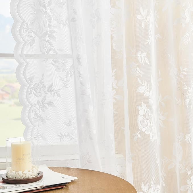 SEEKRIGHT White Lace Cafe Curtains 36 Inch Length Rod Pocket Privacy Sheer - Image 4