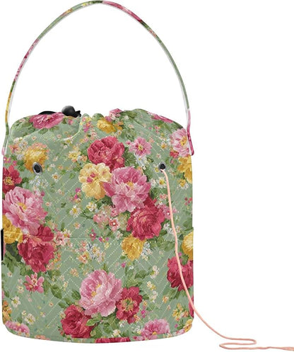 Green Vibrant Roses and Dots Yarn Bag Small Crochet Bag Drawstring Yarn Storage by Tatenale