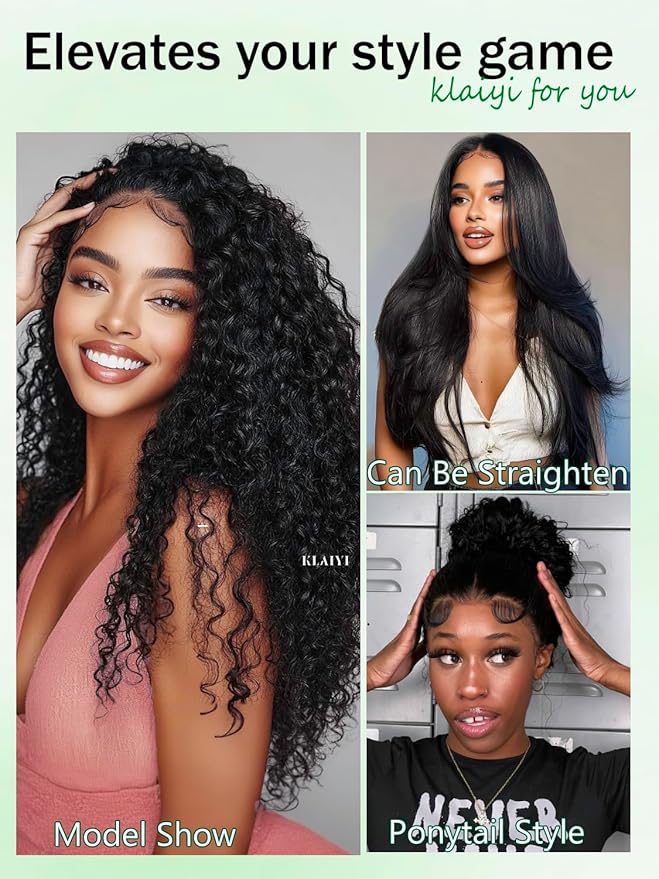 KLAIYI Bye Bye Knots Glueless Wig Pre Cut Water Wave HD Lace Front Wigs Human Hair Pre Bleached Pre Plucked Ready to Go Wigs for Women 30S Easy to Wear Put On and Go Curly Wig Beginner Friendly 16Inch