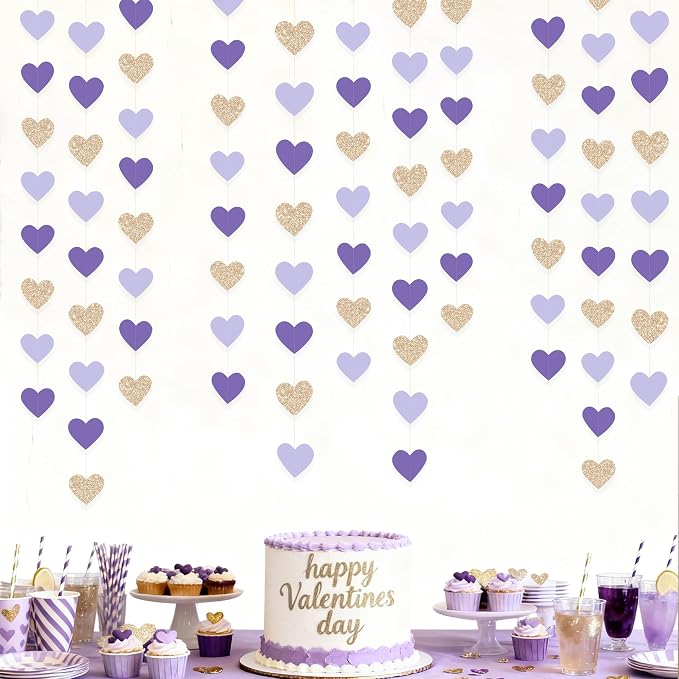 Champagne Gold Purple Heart Party Decorations Glitter Paper Love Heart Hanging - Image 6
