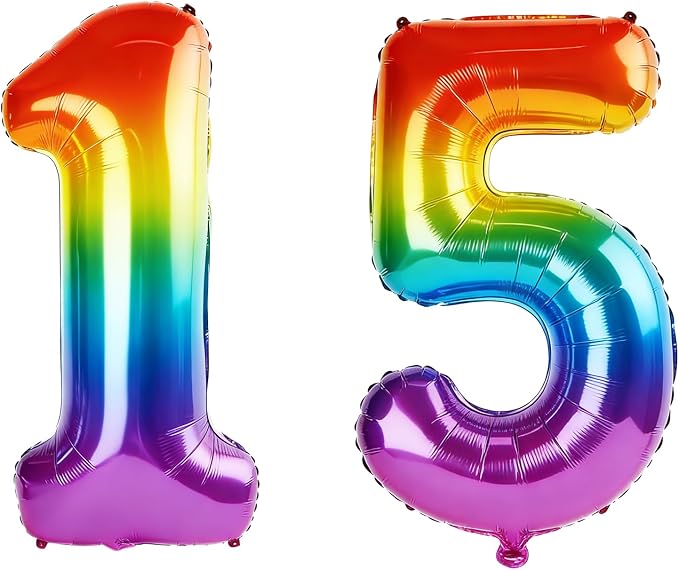 40 Inch Number 15 Balloons for 15th Birthday Party Decorations, 0-100 Rainbow by FOBELEC