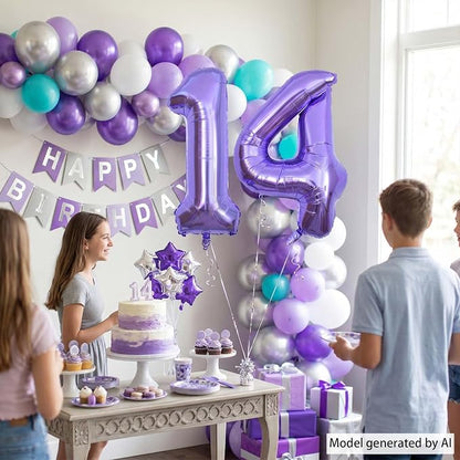 Purple Number 14 Balloon 40 Inch, Giant Metallic Foil 14th Birthday Decorations - Image 3