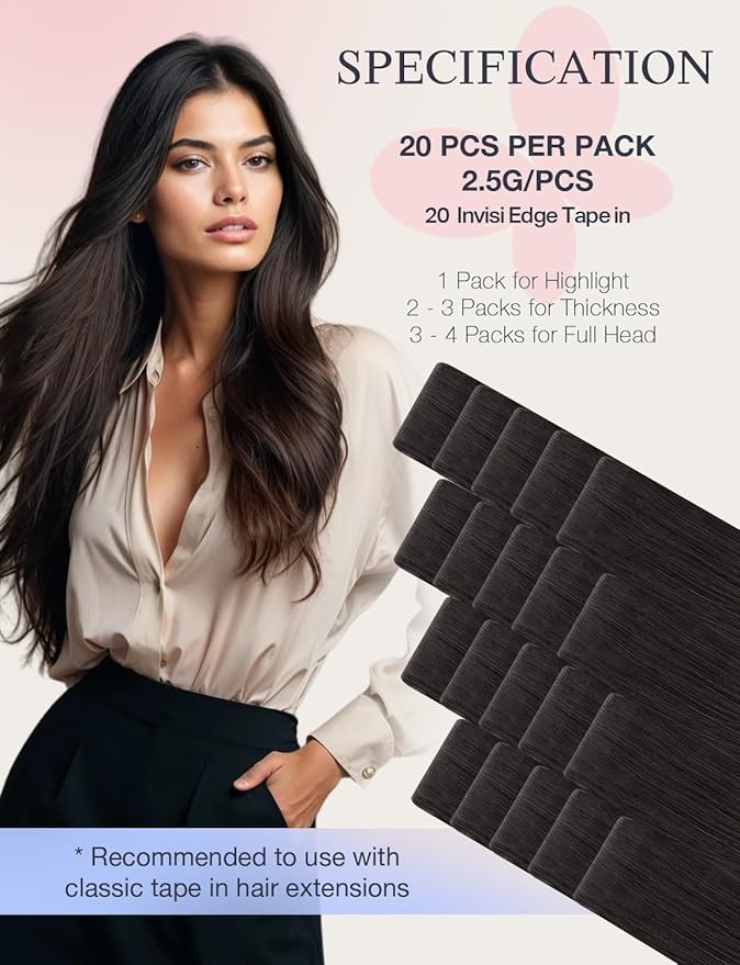 DOORES Invisi Edge Human Hair Extensions Tape in, Natural Black 10 Injection Tape-ins with 10 Injection Tape-ins 50g 16 Inch, Injected Tape in Extensions Virgin Hair Thick Ends