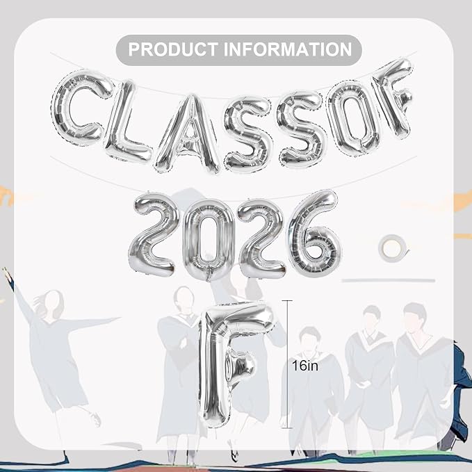 TONIFUL Silver Class of 2026 Graduation Balloon Banners Foil Balloons - Image 2