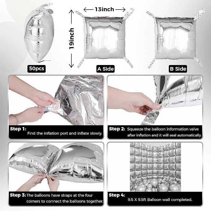 50pcs Metallic Silver Square Foil Balloons Wall Backdrop - Image 3