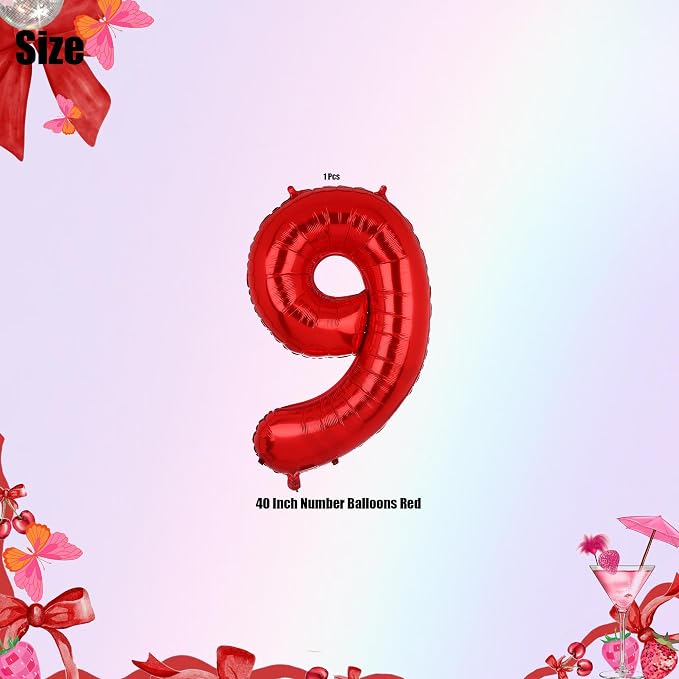 40 Inch 9 Red Number Balloons Mylar Foil Balloon 9th Birthday Party Decor | - Image 2