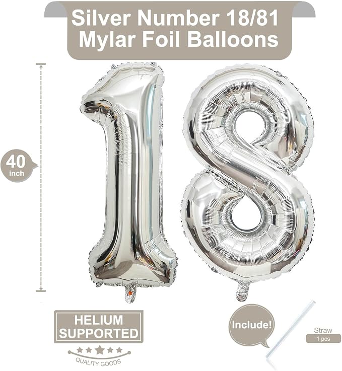 40 Inch Silver 18 Number Balloons Giant 18 Balloons Silver Birthday 18 Balloons - Image 2