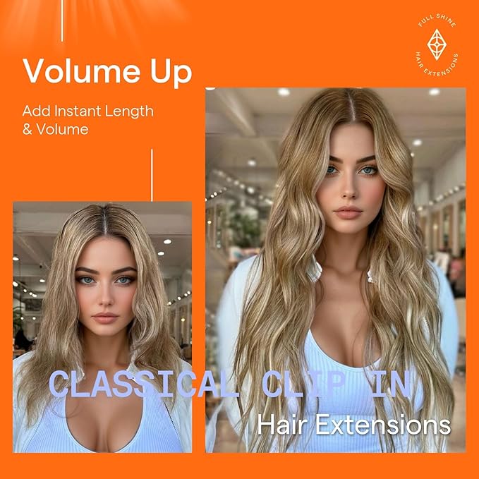 Full Shine Clip in Hair Extensions Ombre 20 Inch Chestnut Brown to Platinum Blonde Real Human Hair Extensions Clip ins Double Weft Clip in Extensions Remy Hair 7 Pcs 120 G