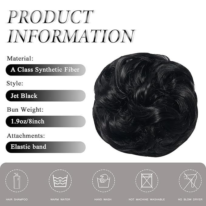 Large Messy Bun Hair Piece Curly Synthetic Extensions Scrunchies Fake Chignon Updo Hairpieces for Women Jet Black