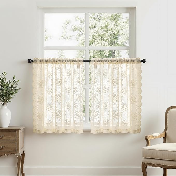 MIULEE Vintage Floral Scalloped Lace Curtains 2 Panels, Cream 52" W x 36" L | - Image 7
