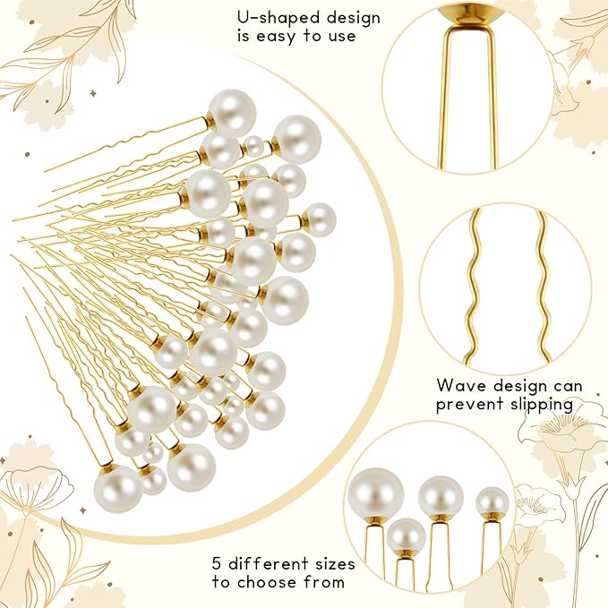 NEBURORA 36 Pcs Wedding Pearl Hair Pins U Shape Pearl Hair Accessory for Brides Bridesmaids Women Gold