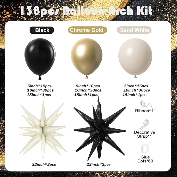 Black and Gold Balloon Arch Kit 138Pcs Chrome Gold Sand White Star Foil Balloons - Image 2