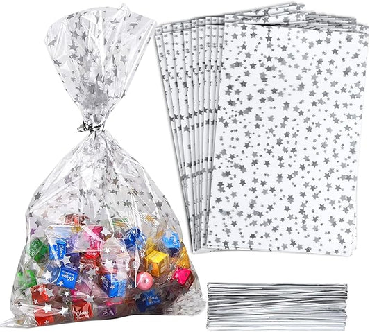 100 Pcs Star Printed 5"X 11" Gift Wrap Cello Cellophane Treat Bags Plastic Poly by COQOFA