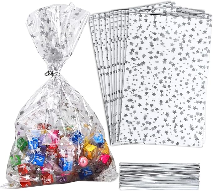 100 Pcs Star Printed 5"X 7" Gift Wrap Cello Cellophane Treat Bags Party Favor by COQOFA