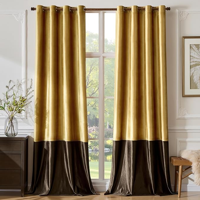 Brown Gold Velvet Blackout Curtains Luxury Decor 72 inches, Color Block | - Image 6