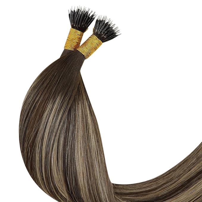 YoungSee Nano Ring Hair Extensions Ombre Nano Hair Extensions Human Hair Dark Brwon Balayage Caramel Blonde Human Hair Extension Nano-Bead 18Inch Nano-Tip Hair Extension for Wedding 50G 50S