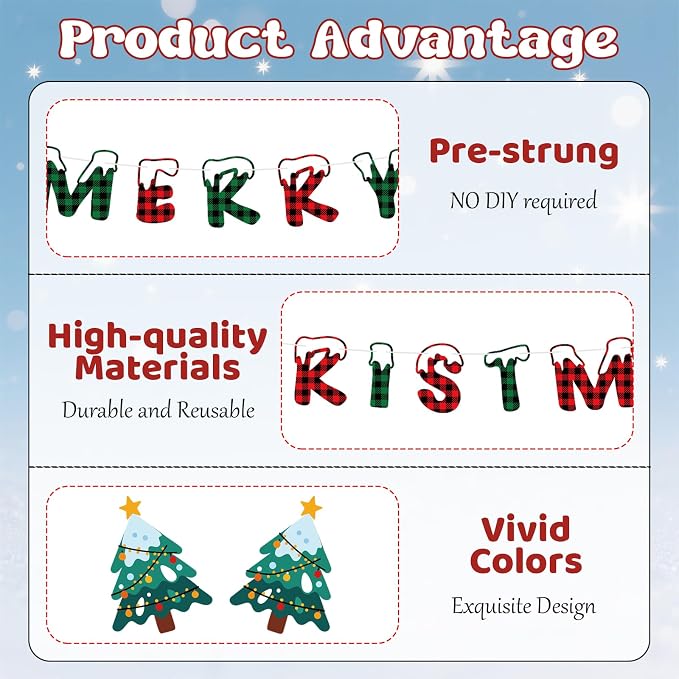 Merry Christmas Banner Indoor, Pre-Strung Mantle Christmas Decor, Buffalo Plaid - Image 3