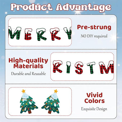 Merry Christmas Banner Indoor, Pre-Strung Mantle Christmas Decor, Buffalo Plaid - Image 3