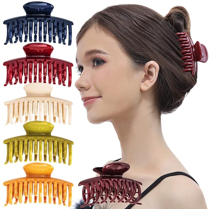 RC ROCHE 6 Pcs Double Claw Hair Clip Tooth Claw Clip Grip Tooth Jaw Clamps Thin Fine Hair Strong Hold No Slip Undo Clutchers for Women, Medium Classic Multicolor