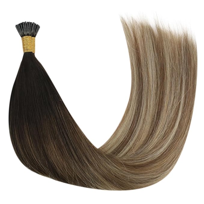 YoungSee I Tip Extensions Brown Balayage 18 Inch Itip Hair Extensions Real Human Hair Ombre Dark Brown to Blonde with Brown Itips Human Hair Extensions Pre Bonded Hair Extension Natural 60s 50g
