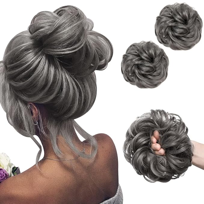 SARLA 2PCS Grey Messy Hair Bun Hair Pieces Wavy Curly Synthetic Updo Fake Scrunchies Ponytail Extension for Women 171#