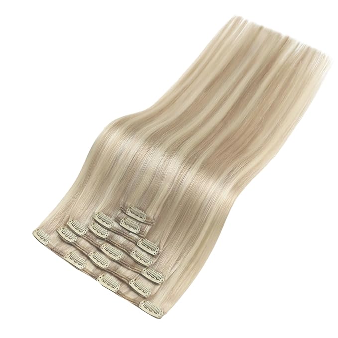YoungSee 150G Clip in Extensions Real Human Hair Ash Blonde Hair Extensions Clips ins Warm Ash Blonde Highlights Bleach Blond Human Hair Clip in Extensions Blend Naturally 22Inch 7Pcs
