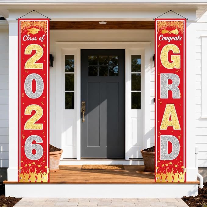 OHOME Graduation Decorations 2026 2027- Red Gold Congrats Grad Porch Banner by OHOME