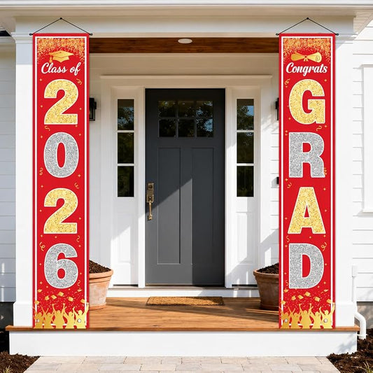 OHOME Graduation Decorations 2026 2027- Red Gold Congrats Grad Porch Banner by OHOME