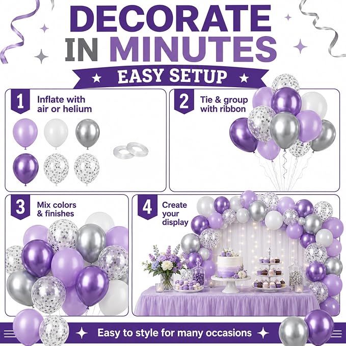 Purple Silver Balloons, Girls Baby Shower Women Bridal Shower Wedding - Image 8