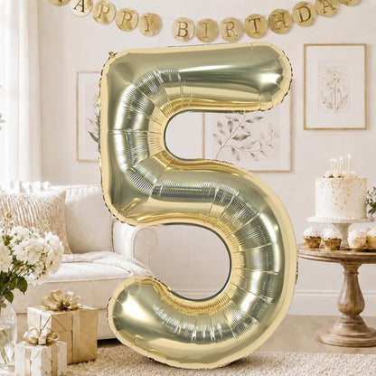 Champagne Gold Number Balloon 5, 40 Inch Large Self Inflating 5 Foil Number by KAINSY
