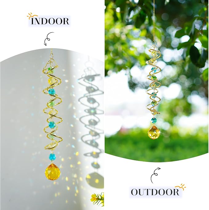 20.5in Yellow Crystal Gazing Ball Spiral Wind Spinner Suncatcher Decor | Yellow - Image 4
