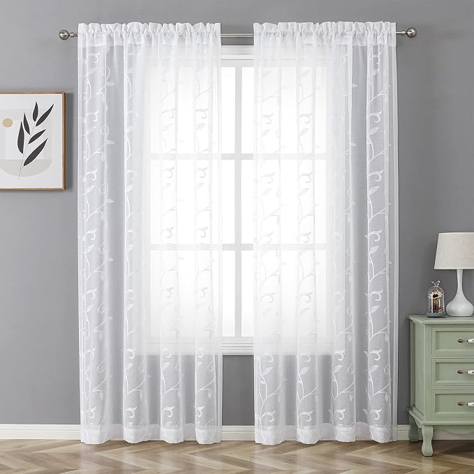 White Sheer Curtains Embroidered Leaves 2 Panels 54Wx96L | Light Filtering - Image 2