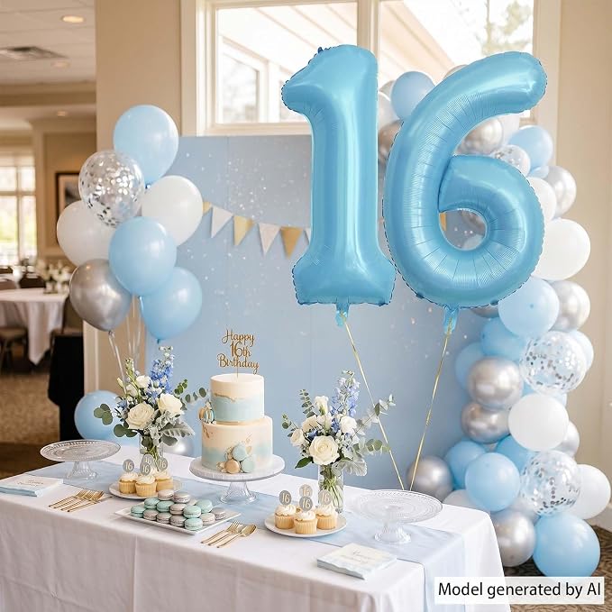 Pearlescent Blue Number 16 Balloon 40 Inch, Large Light Blue Foil 16th Birthday - Image 6