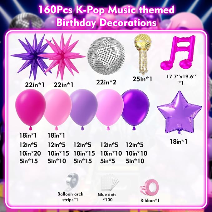 K-Pop Music themed Birthday Decorations 160Pcs, Hot Pink Metallic Purple - Image 2