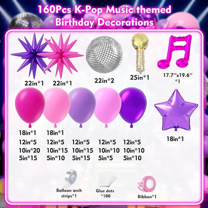 K-Pop Music themed Birthday Decorations 160Pcs, Hot Pink Metallic Purple - Image 2