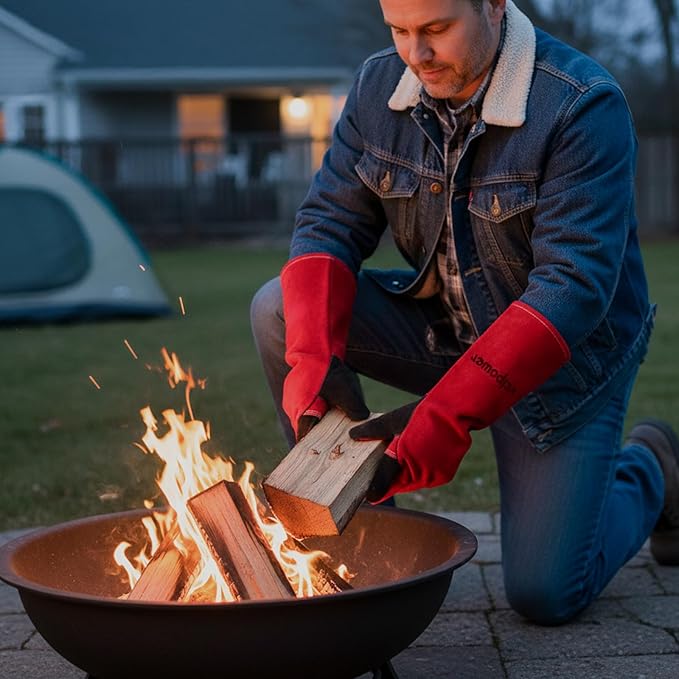 Gloves Fire Heat Resistant: 16IN 932°F Fireproof Leather for Welding Fire Pit Wood Stove Campfire Furnace BBQ Baking,Grill Oven Stick Mig Tig Gear Gift for Man XL