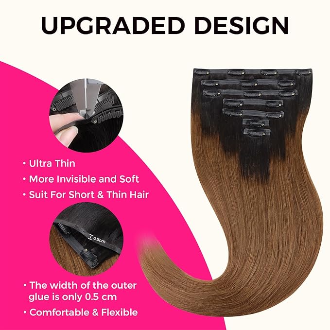 Lashey Seamless Clip in Hair Extensions Human Hair 14 Inch 110g 7pcs Yaki Straight Ombre Natural Black to Medium Auburn Clip in Hair Extensions with Soft PU weft