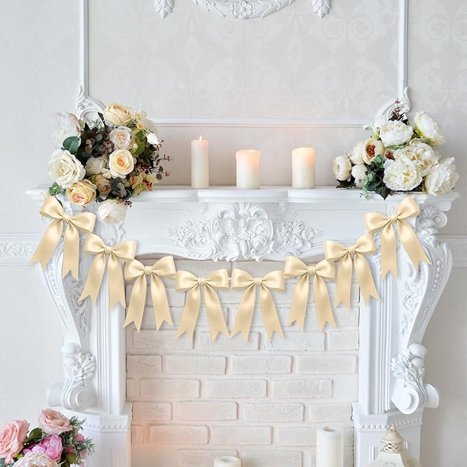 1 String of 8PCS Champange Bow Garland Banner Decoration, Pre-Strung Satin - Image 6