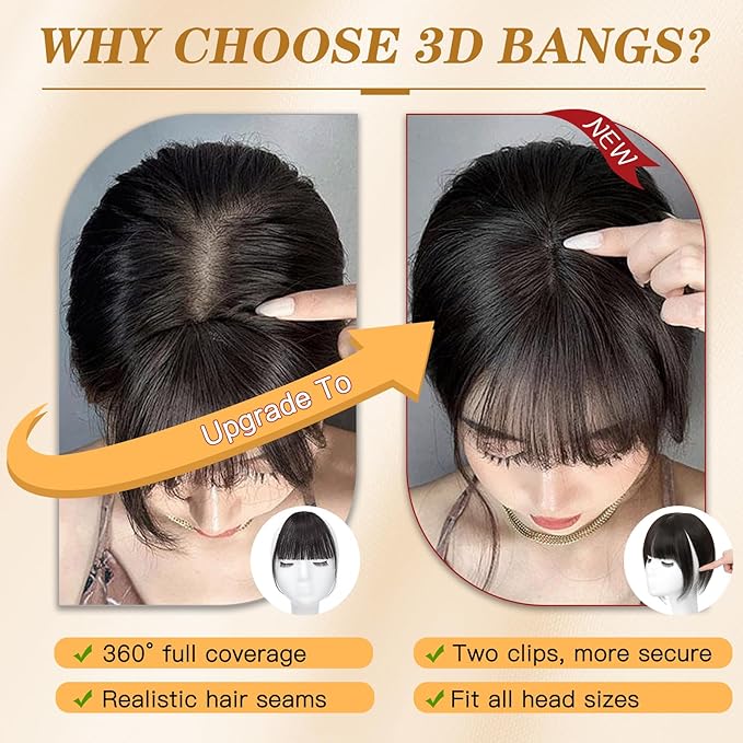 NAYOO Hair Toppers for Women Real Human Hair, 360° Cover Clips in Full Fringe Fake Bangs Hair Pieces for Women Girls Daily Wear(Brown)