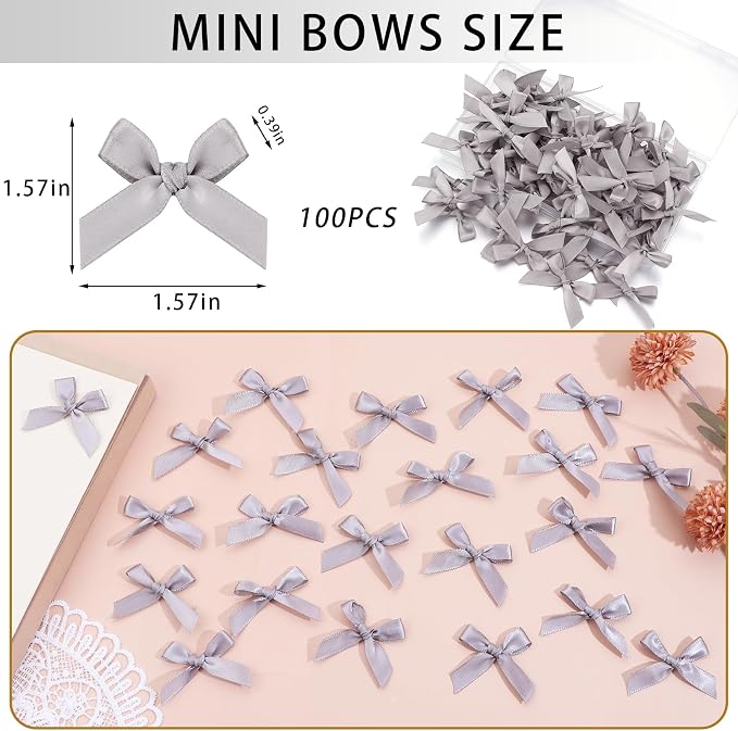 Grey Mini Bows 1.57" 100PCS Small Satin Ribbon Bows - Image 2