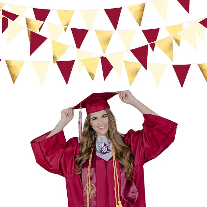 Burgundy Party Decorations Gold Maroon Beige Fabric Triangle Pennant Banner - Image 4