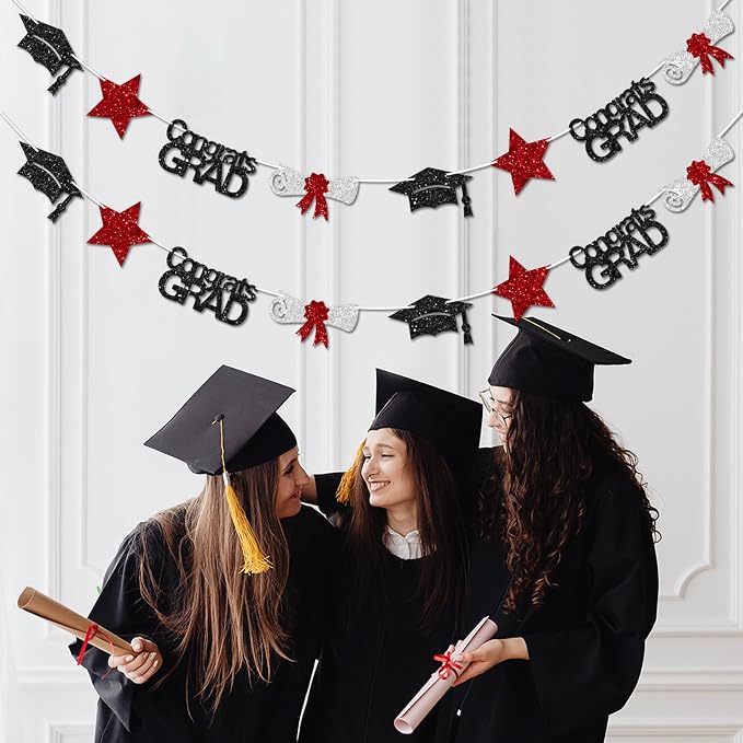 Black and Red Congrats Grad Banner Graduation Decorations Class of 2026 Glitter - Image 4