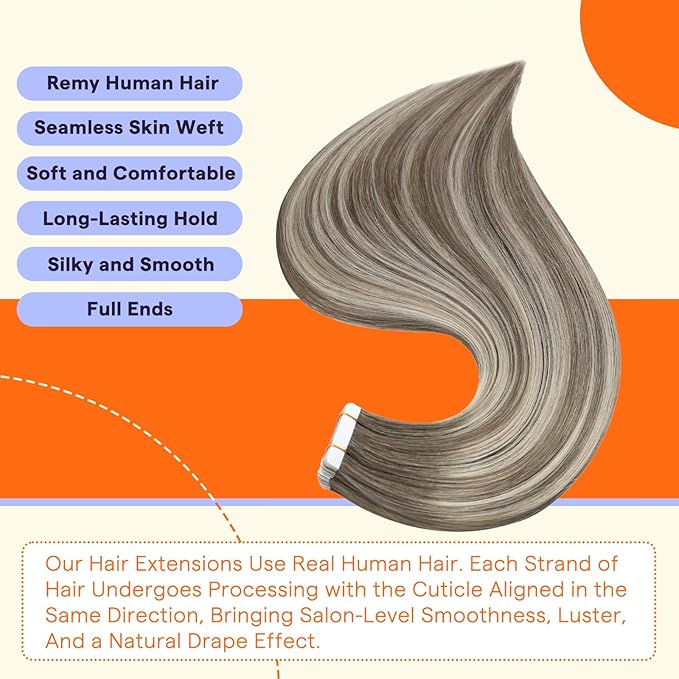 Full Shine Tape Ins Human Hair Extensions Color 7 Fading to 1000 Ice Blonde and 7 Ash Brown Hair Extensions Real Human Hair Seamless Tape in Extensions 50grams Human Hair 14 Inch 20PCS for Party
