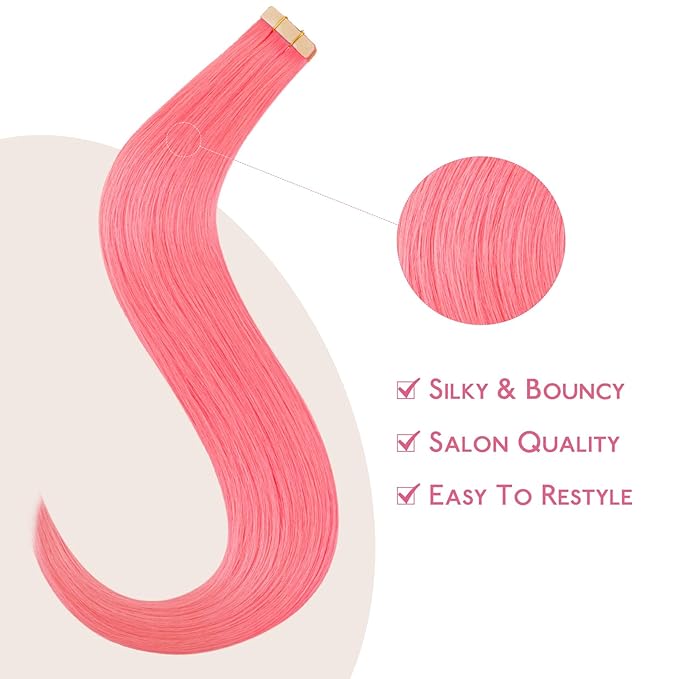 WENNALIFE Tape in Hair Extensions Human Hair Light Pink Tape in Extensions, 10pcs 30g 20 inch Remy Invisible Tape Ins Straight Colored Soft Real Human Hair Tape in Extensions Refill Set Extensions