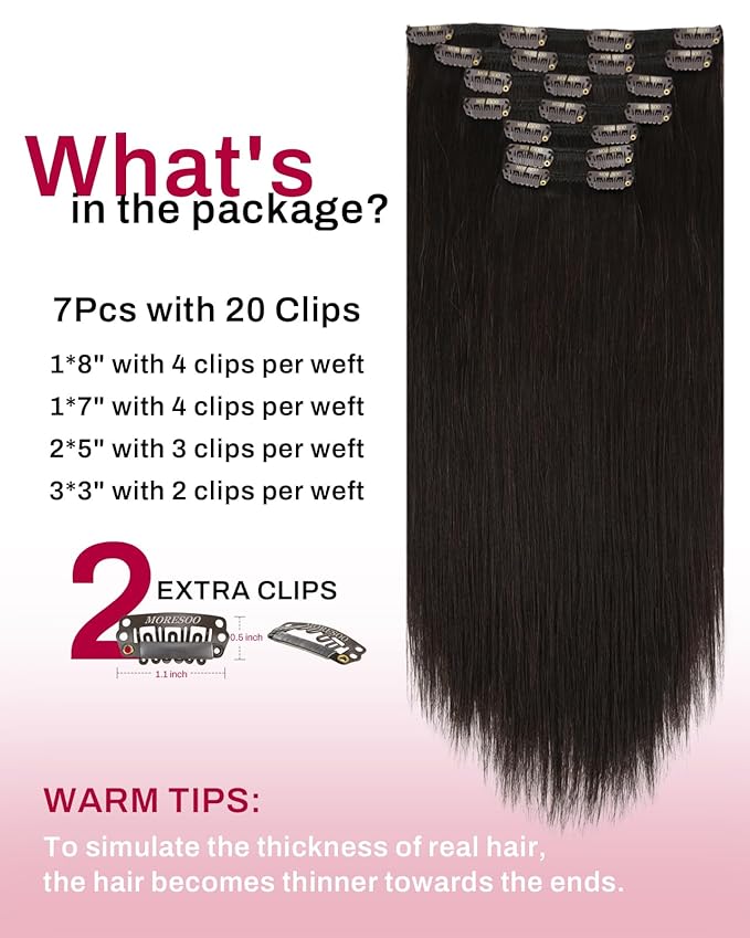 Moresoo Brown Hair Extensions Clip ins Real Human Hair Double Weft Clip on Hair Extensions Human Hair Dark Brown Inivisible Thick Brown #2 7pcs/150g 22inch