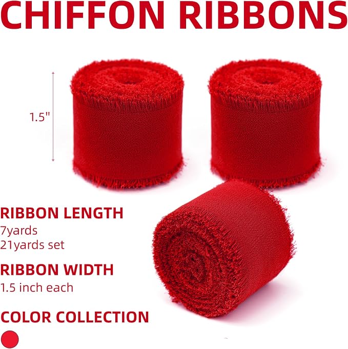 KEOSREE 3 Rolls Red Handmade Chiffon Ribbon, 1.5" x 21Yd | Frayed Fringe Silk - Image 2