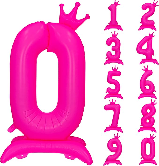 Fluorescent Pink Crown Number 0 Foil Balloon Neon Glow In The Dark Balloon | by YOIOZAIZAI