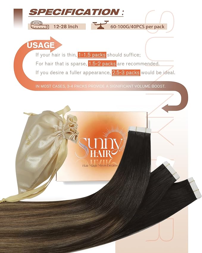 Sunny Hair Tape in Hair Extensions Human Hair, 18 Inch 40Pcs Remy Tape in Extensions Black Balayage Brown Ombre Ash Blonde Hair Extensions Tape in 100g