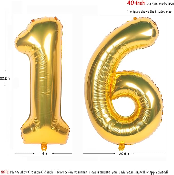 40 Inch gold Number Balloons 16 Helium Foil Mylar Balloon | Birthday Party - Image 2