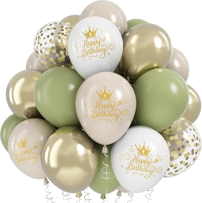 Sage Green Sand White Gold Birthday Balloons, 12 Inch Olive Green Cream Beige by KAINSY